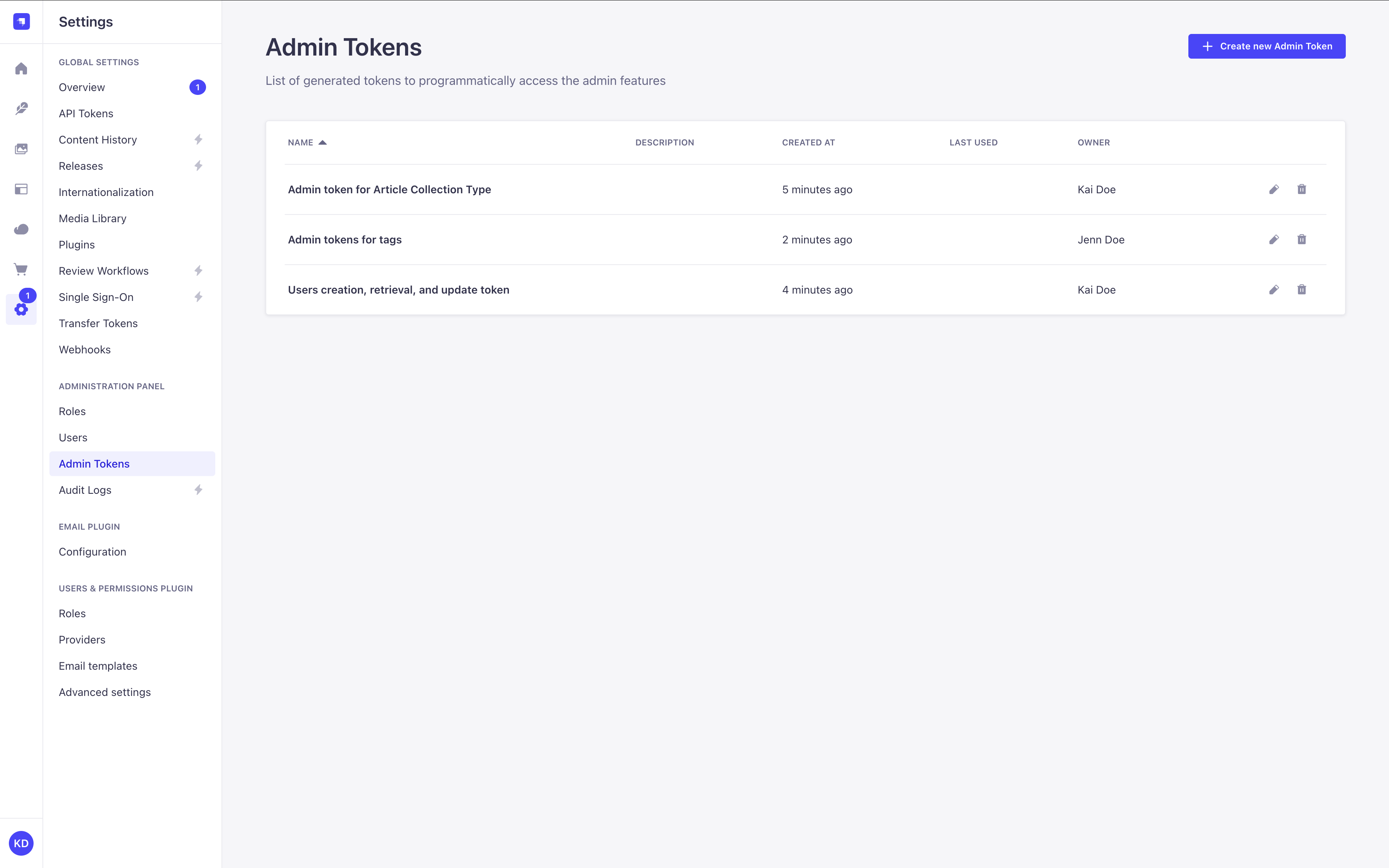 Admin tokens in the admin panel