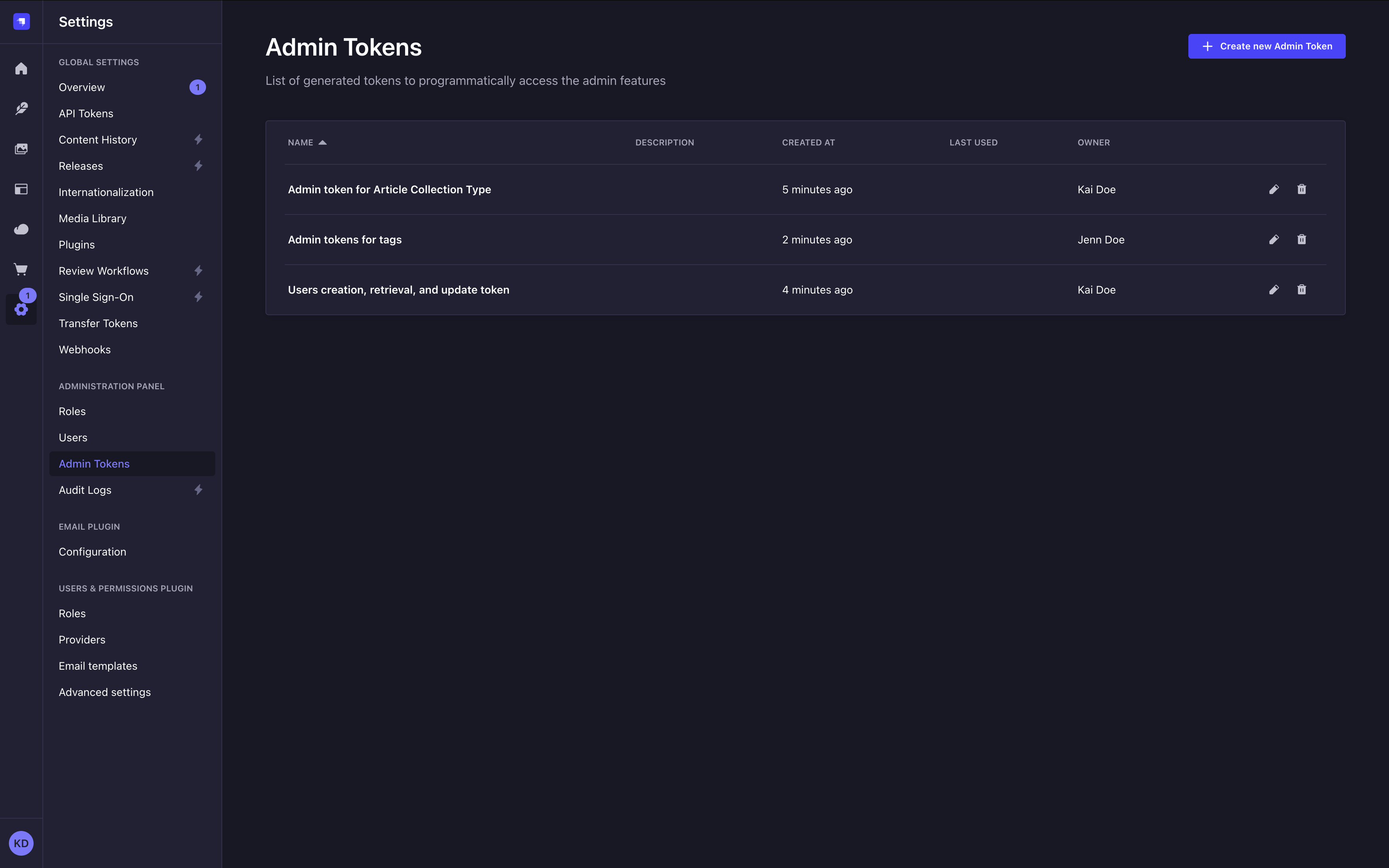 Admin tokens in the admin panel